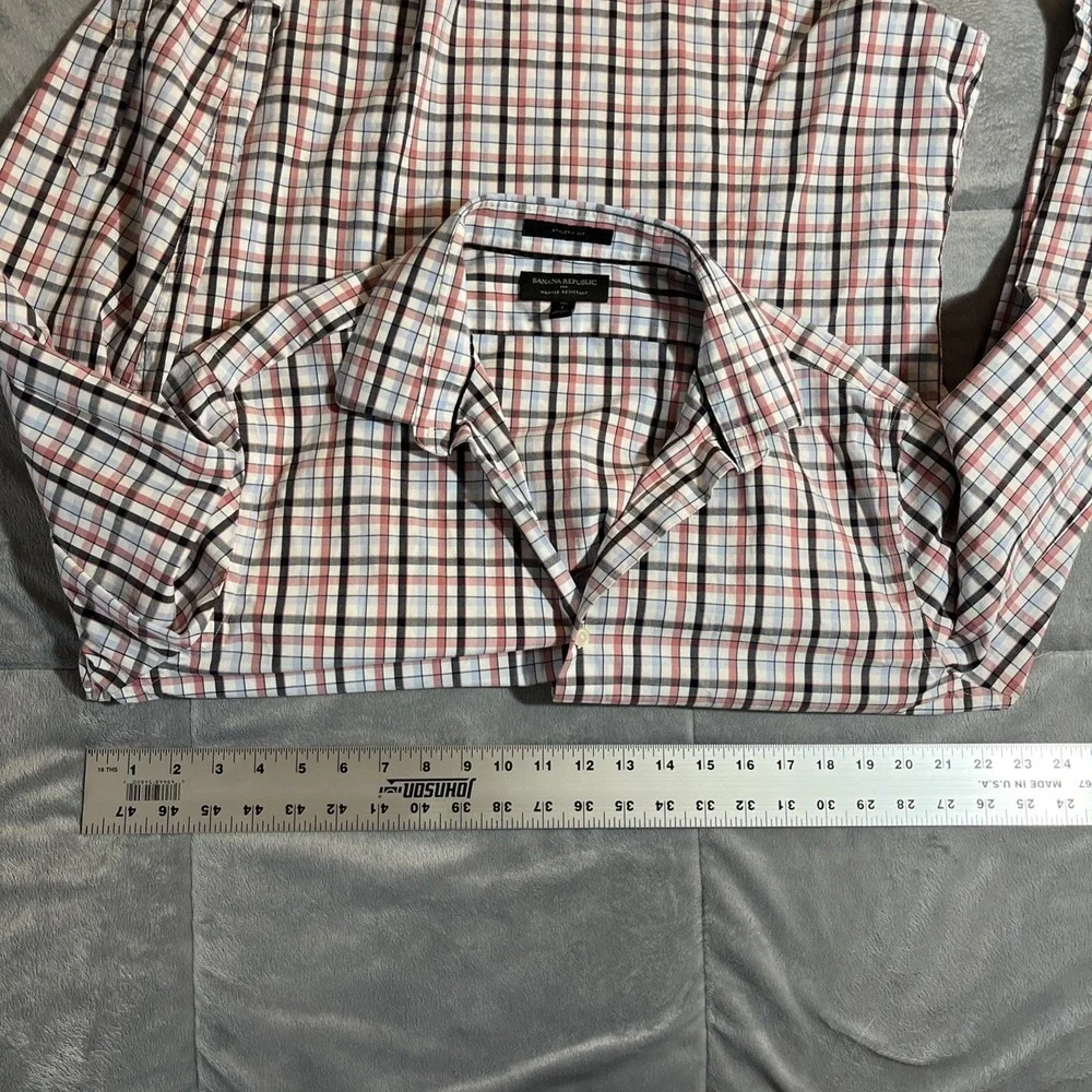 Banana Republic Shirt Mens Large Tall Red White Blue Plaid Slim Fit Athletic Fit